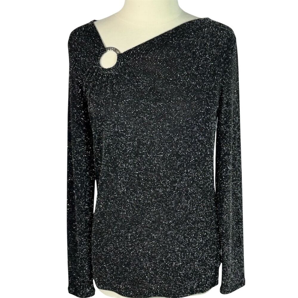 Michael Kors Black Silver Shimmer Metallic Logo O Ring Asymmetric Neckline Top